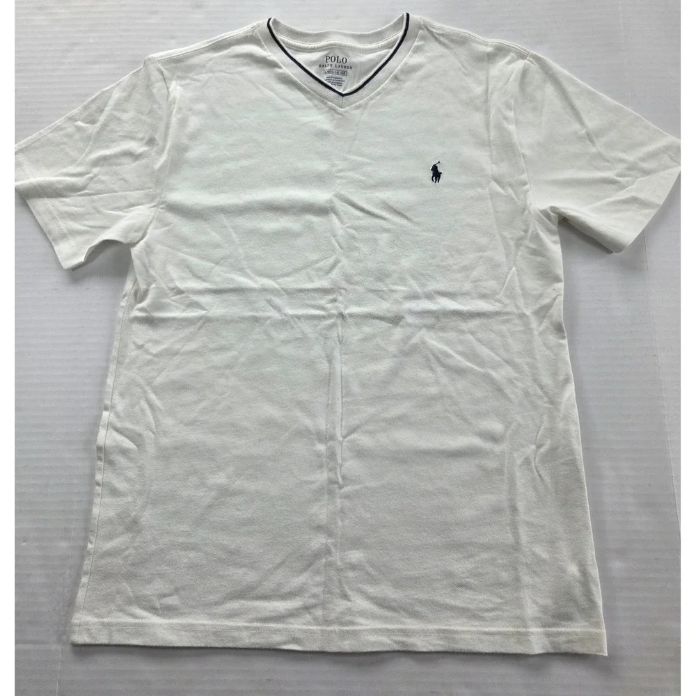 Polo Ralph Lauren Boys White V-Neck T-Shirt Navy Pony Logo Size Large 14-16